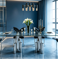 Table à manger en verre trempé de style français, design artistique, base en acier inoxydable poli en forme de vague, luxe moderne, transparente