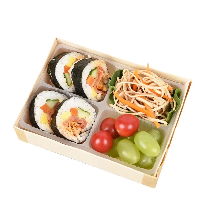Оптовая продажа, биоразлагаемая деревянная японская упаковка для еды на вынос, 4 отделения, одноразовая коробка для обедов Tiffin Bento