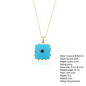 Collar con colgante cuadrado de turquesa azul con detalles en circonita negra, diseño con cuentas, cadena de latón chapada en oro de 18k, regalo unisex. - Product Image 1