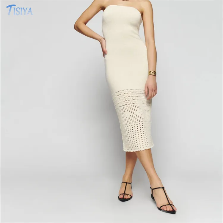 100% Bio-Baumwoll-Strickkleid Slim Fitting Beige White Crochet Open Knitting Midi-Kleider