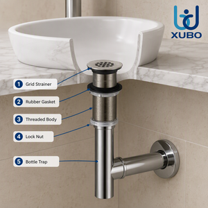 Robinet de lavabo en laiton à débit libre avec tuyau de raccordement G 1 1/4, finition noir mat, chrome poli, nickel brossé, avec filtre à 19 trous - Product Image 2