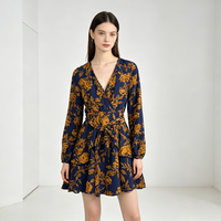 Robe de soirée vintage florale 2026 élégante à manches longues, taille nouée et ourlet à volants, vente en gros OEM