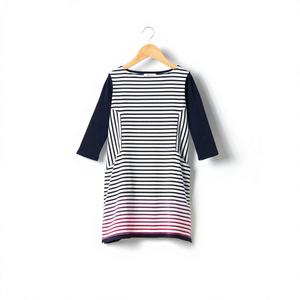 Vestido Informal a Rayas para Niña, Estilo Boutique ODM, Transpirable, Ecológico, Silueta Recta, Largo hasta la Rodilla, Manga Larga, con Cuello - Product Image 1