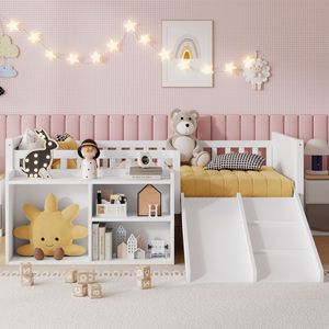 เตียงเด็กไม้เนื้อแข็งสีขาว พร้อมสไลเดอร์และชั้นวางหนังสือสำหรับเก็บของในห้องนอน เฟอร์นิเจอร์สำหรับเด็ก - Product Image 1