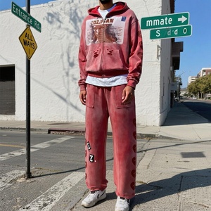 Wholesale Sweatsuits 2 Piece Set Streetwear Wide Leg <b>Sweatpants</b> And Hoodie Set Distressed Acid Wash <b>Oversized</b> Tracksuit For Men - Product Image 1