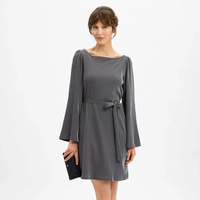 Robe Courte Décontractée pour Femme, Col Bateau, Manches Longues Évasées, Grise Unie Scintillante avec Ceinture à Nouer, Vente en Gros Personnalisée