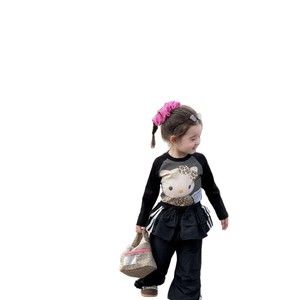 Girls Autumn Outfit 2025 Korean Style Long Sleeve Cartoon T Shirt With Butt Curtain Cargo Pants Two Piece Set - Product Image 5