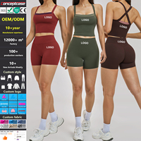 Set Celana Pendek Yoga Dua Potong Wanita, Bra Olahraga Pinggang Tinggi, Pakaian Aktif untuk Fitness