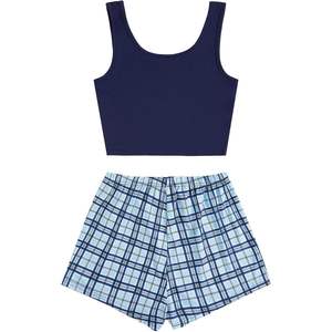 Ensemble pyjama décontracté pour femme : débardeur boutonné et short à carreaux, en maille douce, deux pièces - Product Image 2