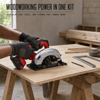 Sélection d'outils de menuiserie sans fil avec perceuse, scie sauteuse, scie circulaire et dégrossisseuse pour les travaux d'atelier de menuiserie et les tâches de montage de portes