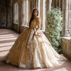 Lscm83 <b>Wedding</b> Dress Champagne Quinceanera Dresses Gold Beaded Sweetheart Princess Luxury Ball Gowns Jancember - Product Image 1