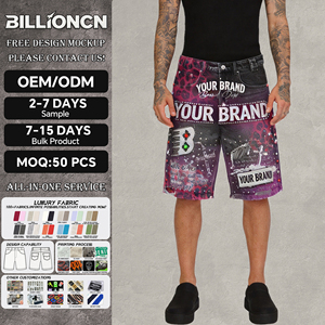 Short en jean baggy délavé à l'acide pour homme, en coton personnalisé, brodé, orné de perles, de diamants et de strass, au-dessus du genou - Product Image 1