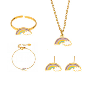 2025 Set di gioielli per bambini carino ipoallergenico 18K <span class=keywords><strong>oro</strong></span> placcato in acciaio inox smalto arcobaleno collana bracciale orecchini anello - Product Image 1