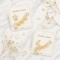Anting-anting berlapis emas baja tahan karat multi stud, antialergi, perhiasan kristal, gaya bertumpuk, mode sehari-hari untuk wanita