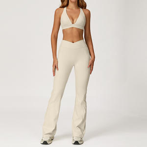 Ensemble de yoga col en V profond et dos nu, leggings évasés taille haute, longueur intégrale, sans couture, couleur unie, Spandex Polyester, 2 pièces - Product Image 4