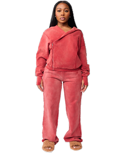 سترة KY بغسيل حمضي للجنسين بأكمام ذات فتحة للإبهام وسحاب غير متماثل مع حاشية وأساور مطاطية، هوديز متناسقة للأزواج كبدلة رياضية - Product Image 3