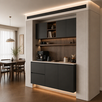 Meuble bar à eau intégré moderne pour salle à manger, station café personnalisée avec niche scénographique, système de rangement pleine hauteur pour garde-manger