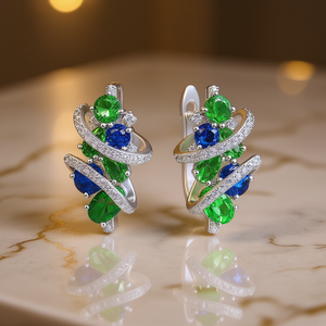 Orecchini pendenti geometrici di lusso in argento 925 con cristalli blu viola incastonati a griffe per gioielli da festa da donna - Product Image 2