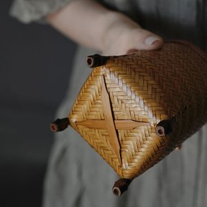Caddie à thé rond en bambou tissé, fait à la main, pour accessoires de cérémonie du thé - Product Image 4