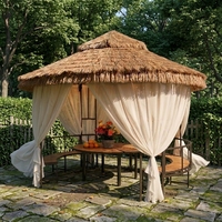 Pavillon en acier à toit rigide de fabrication directe, design chapeau de paille en bois avec rideaux et moustiquaire pour jardin, terrasse et extérieur