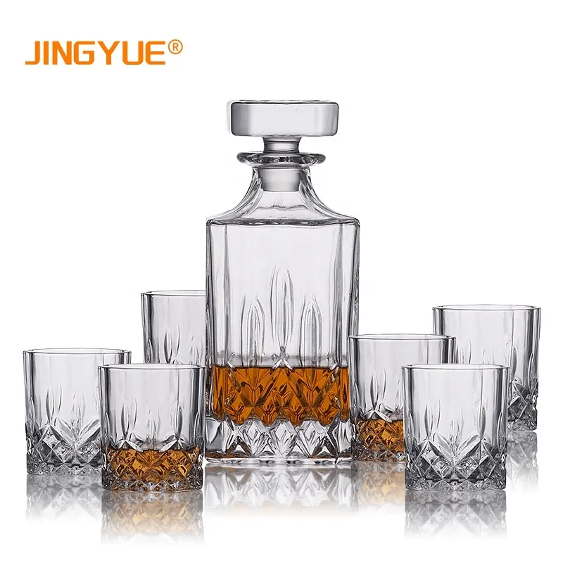 Classic Design 7 Piece Square Bottle Glass Whiskey Decanter Set with Old Fashioned Whisky Glasses For Promotion Birthday Gift