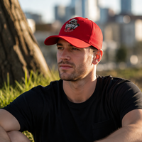 Gorra de Béisbol Estructurada de 6 Paneles de Lujo Personalizada, Logotipo Bordado Multicolor, Sarga de Algodón Roja, Hebilla Ajustable de Cobre Plateado