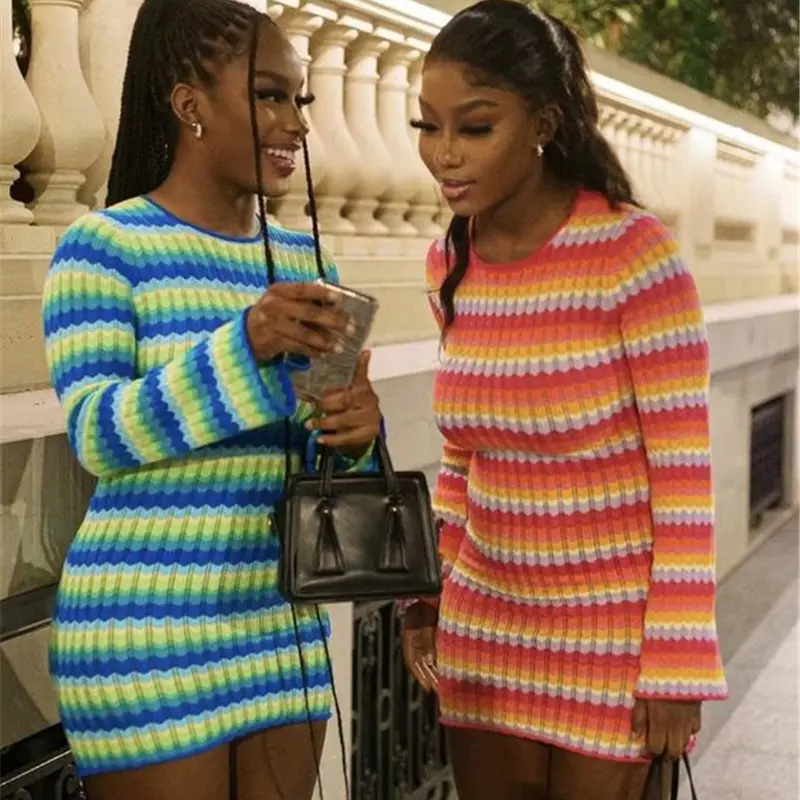 Designer Spring Custom Women Knit Bodycon Striped Long Sleeve Sweater Dress