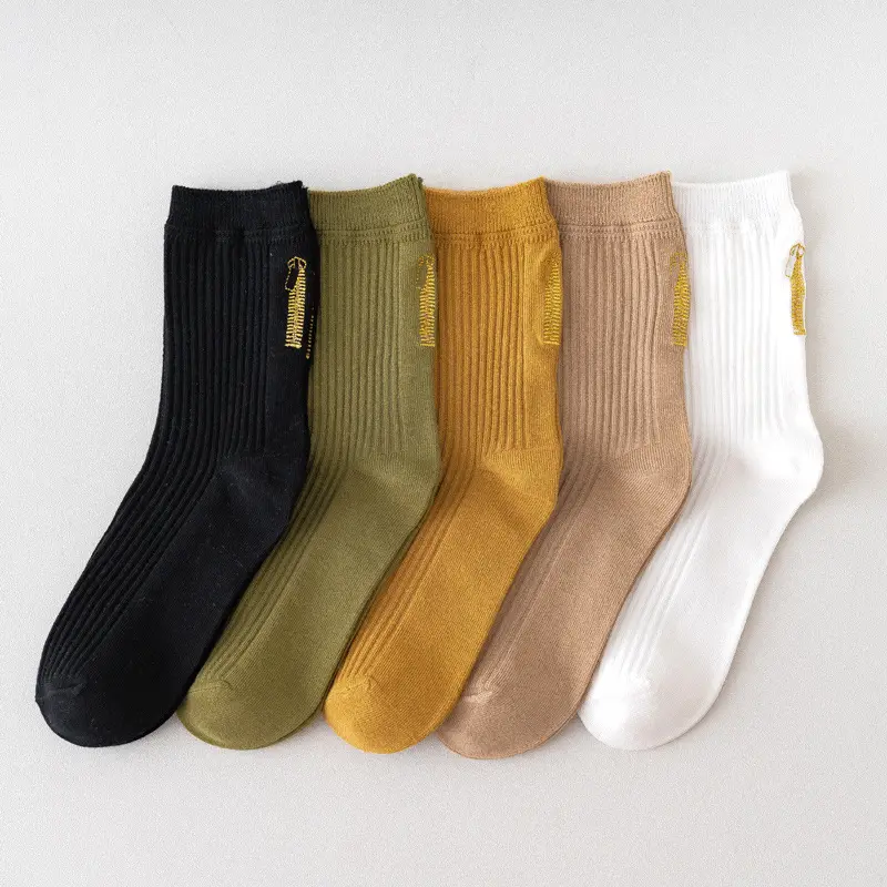 Cheap stock gold yarn zip design unisex plain color custom women school socks