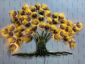 Metal <b>Tree</b> With <b>Lighting</b> Leaves Golden Iron 3D Hanging Sculpture Metal Wall Decor for Living Rooms With Yellow Shade <b>Lighting</b> - Product Image 6