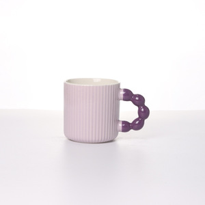 <b>Ceramic</b> Mug Solid Color Ribbed Design With Beaded Handle Gift <b>Cup</b> For Coffee Tea Water Office Use - Product Image 2