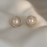 Mode femmes Vintage Simple rond diamant cristal perle boucles d'oreilles Zircon femmes mariage perle boucle d'oreille accessoires