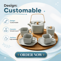 Service à thé en céramique vert sauge avec poignée en bois, théière, tasses, soucoupes, crèmeuse, sucrier, plateau en bois à bords ondulés, style nordique pour la maison, le bureau ou comme cadeau