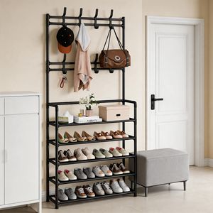 Appendiabiti in Metallo Nero con Ganci + Scaffalatura a Quattro Livelli, Mobile Multifunzionale per Ingresso |    Appendiabiti e scarpiera tutto in uno - Product Image 4