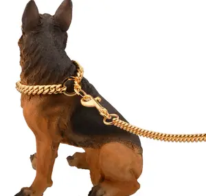 In Stock 14mm New Pet Dog Chain Stainless Steel Golden Encryption Cuban Chain Training Dog Collard and Leash