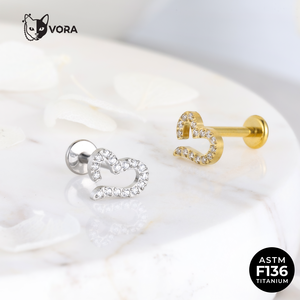 Labret en titane ASTM F136 pour enfant, motif cœur, fileté intérieurement, pavé de zircone cubique, creux, pour cartilage d'oreille, hélix, tragus, plaqué or 18 carats - Product Image 3