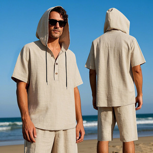 Conjunto de Camisa sin Mangas con Capucha y Pantalones Cortos de Lino para Hombre, Corte Holgado, Ligero, Informal, Ropa de Playa, Conjunto Coordinado de Dos Piezas para Verano - Product Image 4