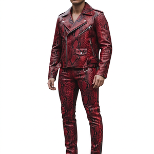 <b>Men</b> Snake Print Genuine <b>Leather</b> Plus Size Windproof High-quality 4 Season Adult Suit Set <b>Jacket</b> Pants American Double Breasted - Product Image 1