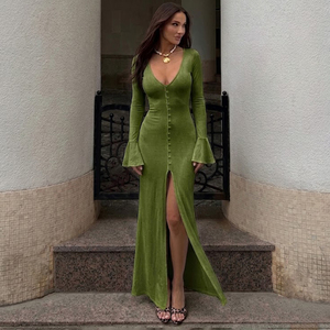 European Fashion Sexy <b>Vintage</b> Style Knit Button Front High Slit Flared Sleeve Deep V Neck Midi <b>Dress</b> <b>for</b> <b>Women</b> - Product Image 2