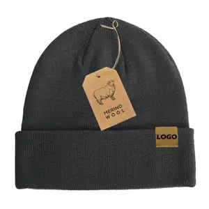 Men Women High Quality Winter Knitted Hats Warm Ski Cap 50% Merino Wool Beanies With Suede Tag Custom Logo