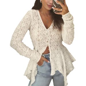 เสื้อคาร์ดิแกนลูกไม้สำหรับผู้หญิง แขนยาว คอวี ผ้าถักบาง มีกระดุม วัสดุเนื้อนุ่ม สไตล์แขนปกติ - Product Image 5