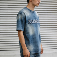 T-shirts en denim tricoté 100 % coton pour hommes, 240 grammes, coupe oversize, lettres brodées, délavé à l'acide, style streetwear décontracté, grandes tailles, motif