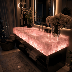 Lujosa encimera de cuarzo rosa con lavabo integrado para baño, mueble flotante de pared. - Product Image 1