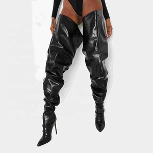<b>Sexy</b> <b>High</b> <b>Heel</b> PU Upper Women Over Knee <b>High</b> Boot Thigh <b>High</b> Loose Big Size Solid Black Boots for Ladies Fashion - Product Image 1