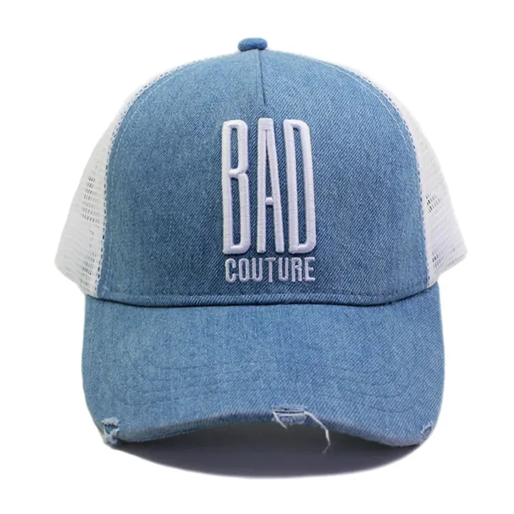 New style denim fabric 5 panel cap 3D puff embroidery logo custom mesh trucker cap baseball cap hat