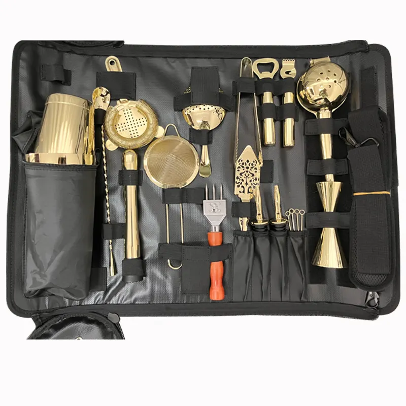 RTS professional bar tools 20pcs cocktail shaker set leather tool barware roll up for bartender kit