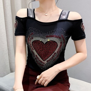 Luxury Diamond <strong>Red</strong> Heart Women <strong>Tops</strong> Square Collar Rhinestone T Shirts Double-layer Ice <strong>Silk</strong> Mesh Breathable T-shirt for Girls - Product Image 2