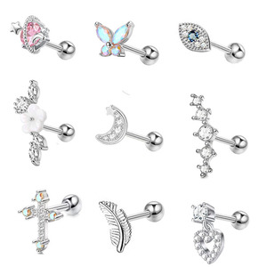 Stainless Steel Zircon Stud <b>Earrings</b> with Butterfly, Moon, and Heart Designs |Barbell <b>Piercing</b> Jewelry for Ear, Cartilage - Product Image 1