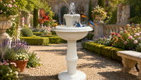 Fontaine sur piédestal classique blanche avec bassin à niveaux, pulvérisateur en forme de couronne, base ornée en relief et décoration aquatique pour jardin extérieur