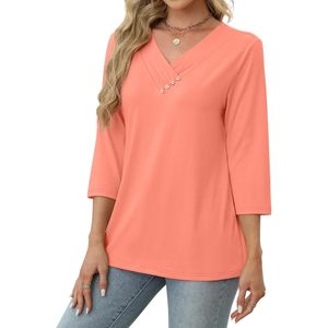 FOXA Women's V Neck 3/4 Sleeve Button <b>Down</b> Shirt Casual Everyday Wear Poplin Fabric Wrap And Tie Design - Product Image 4