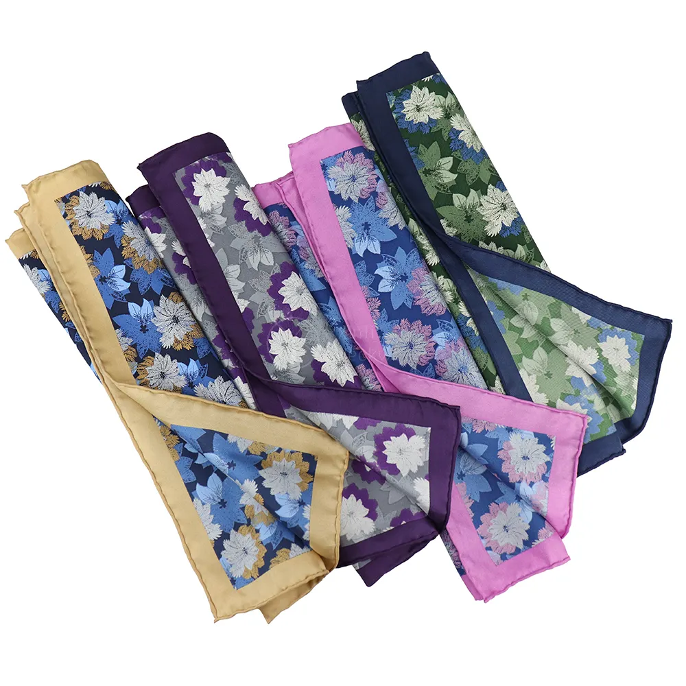 بيع بالجملة مخصص جودة عالية الحرير الخالص رجالي مربعات جيب الأزهار طباعة منديل شخصية